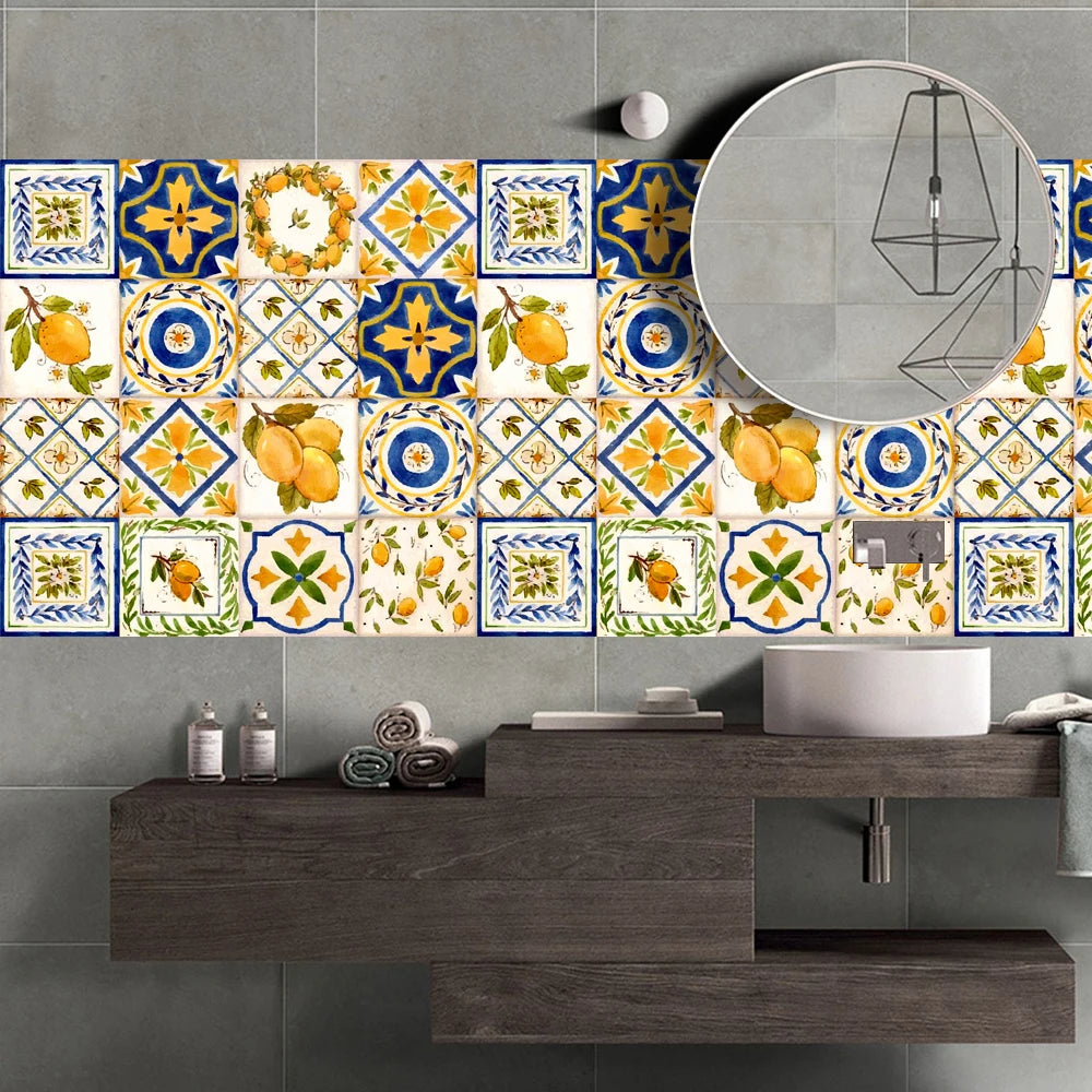 16pcs Watercolor Painting Style Tiles Wall Sticker Kitchen Backsplash Wardrobe Bathroom Waterproof Peel & Stick Art Wall Decals