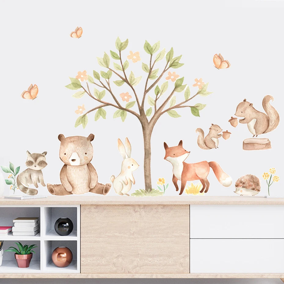 Boho Cartoon Cute Deer Rabbit Woodland Animals Leaf Watercolor Nursery Wall Decals Kids Room Girls Bedroom Sticker Home Decor