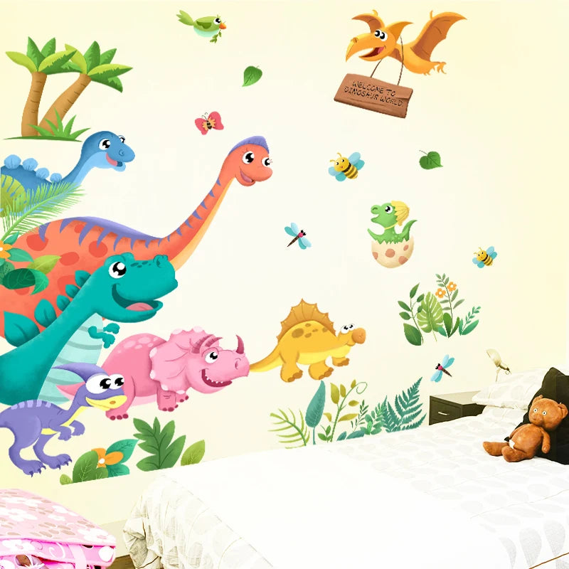 Cartoon Dinosaurs Wall Stickers DIY Animal Mural Decals for Kids Rooms Baby Bedroom Kindergarten Nursery Door Home Decoration