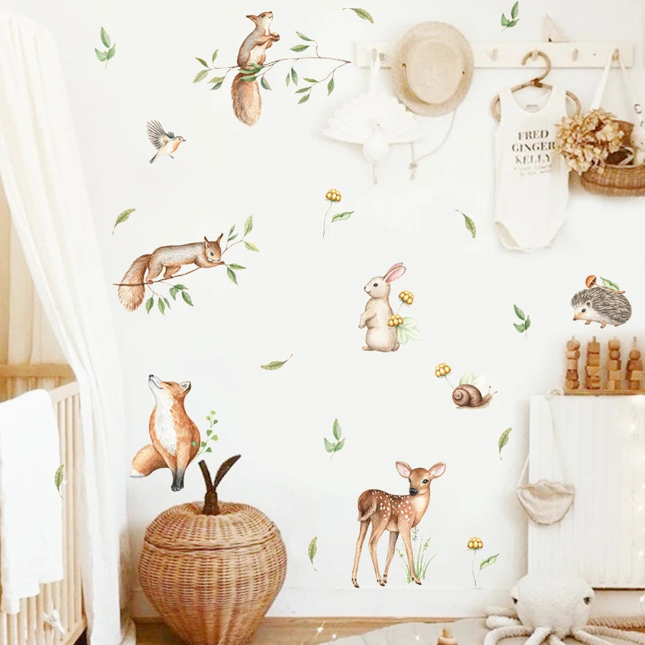 Boho Cartoon Cute Deer Rabbit Woodland Animals Leaf Watercolor Nursery Wall Decals Kids Room Girls Bedroom Sticker Home Decor