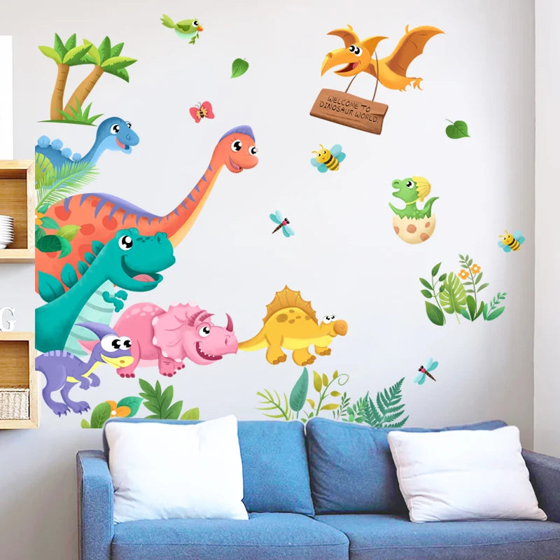 Cartoon Dinosaurs Wall Stickers DIY Animal Mural Decals for Kids Rooms Baby Bedroom Kindergarten Nursery Door Home Decoration